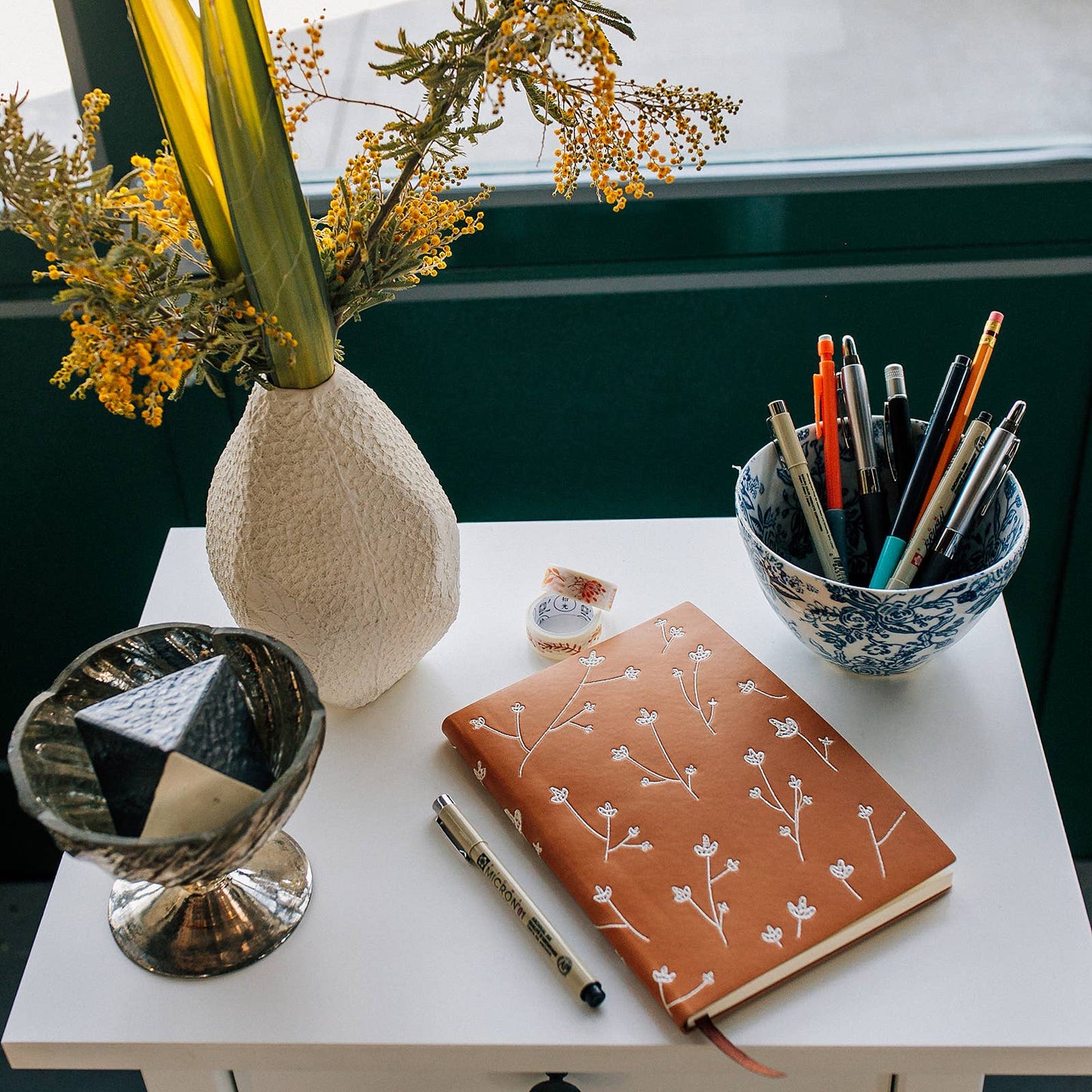 White Floral Embroidered Layflat Journal Notebook