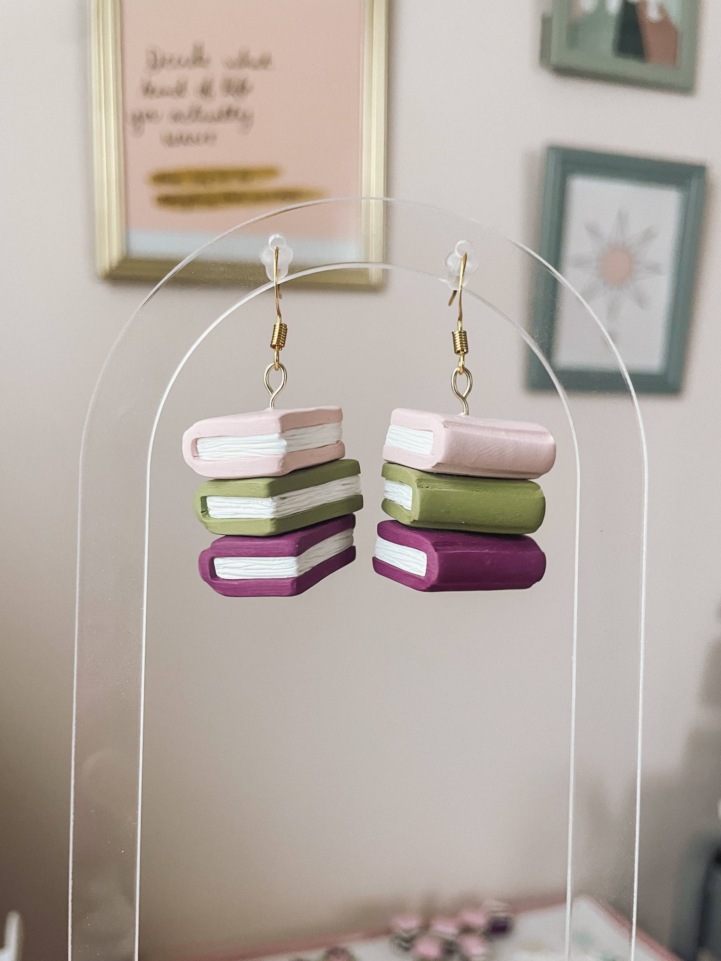 Pink, Green, Purple Stacked Book Earrings