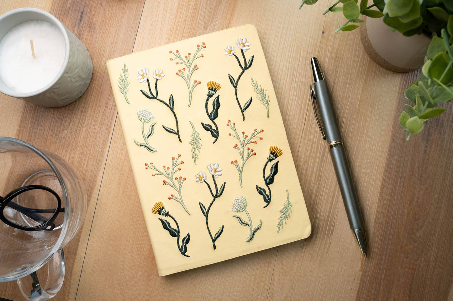 Butter Yellow Floral Embroidered Journal Notebook