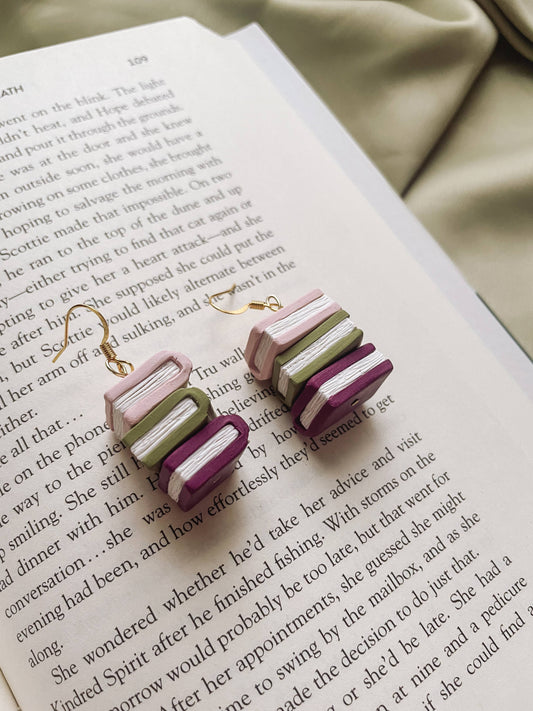 Pink, Green, Purple Stacked Book Earrings