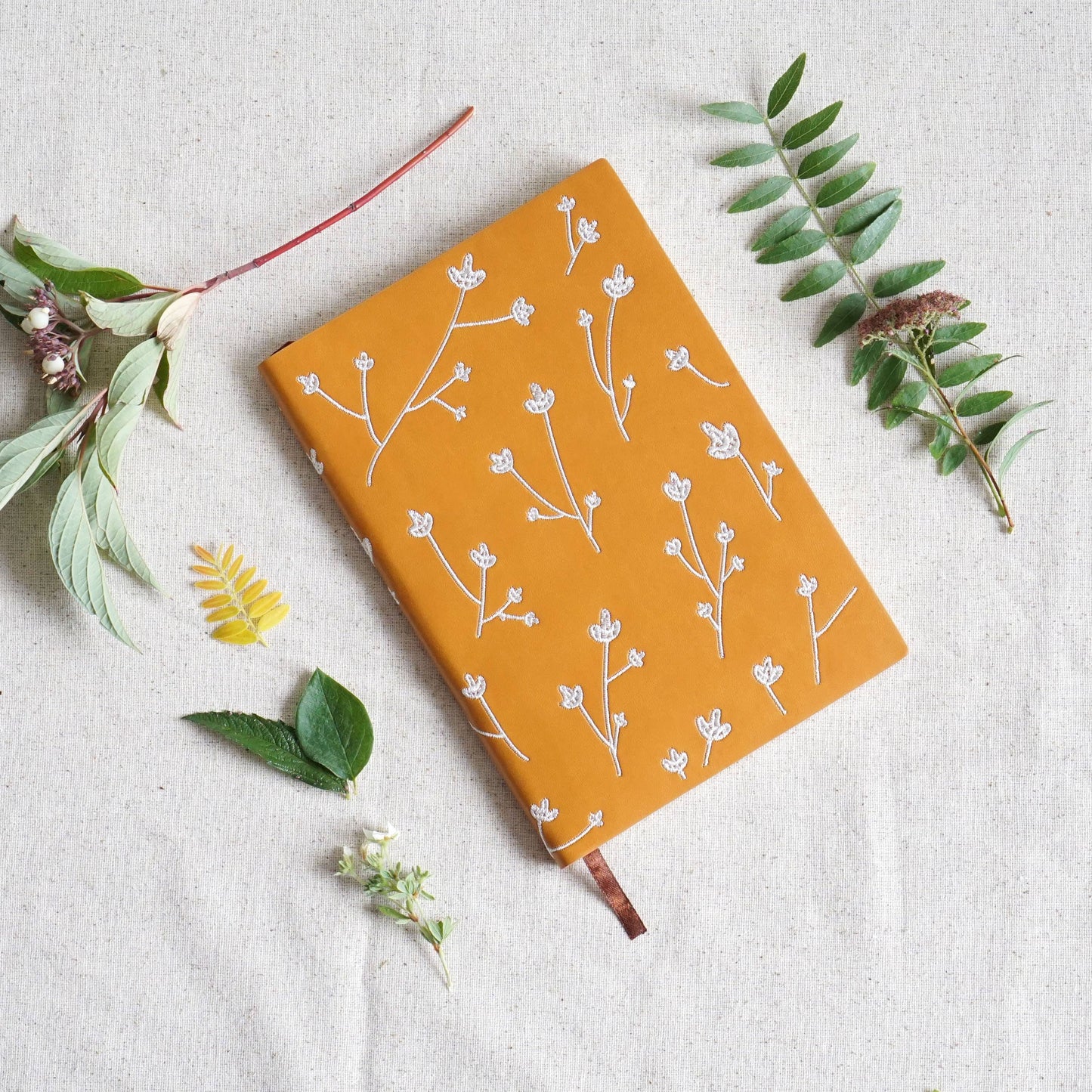 White Floral Embroidered Layflat Journal Notebook